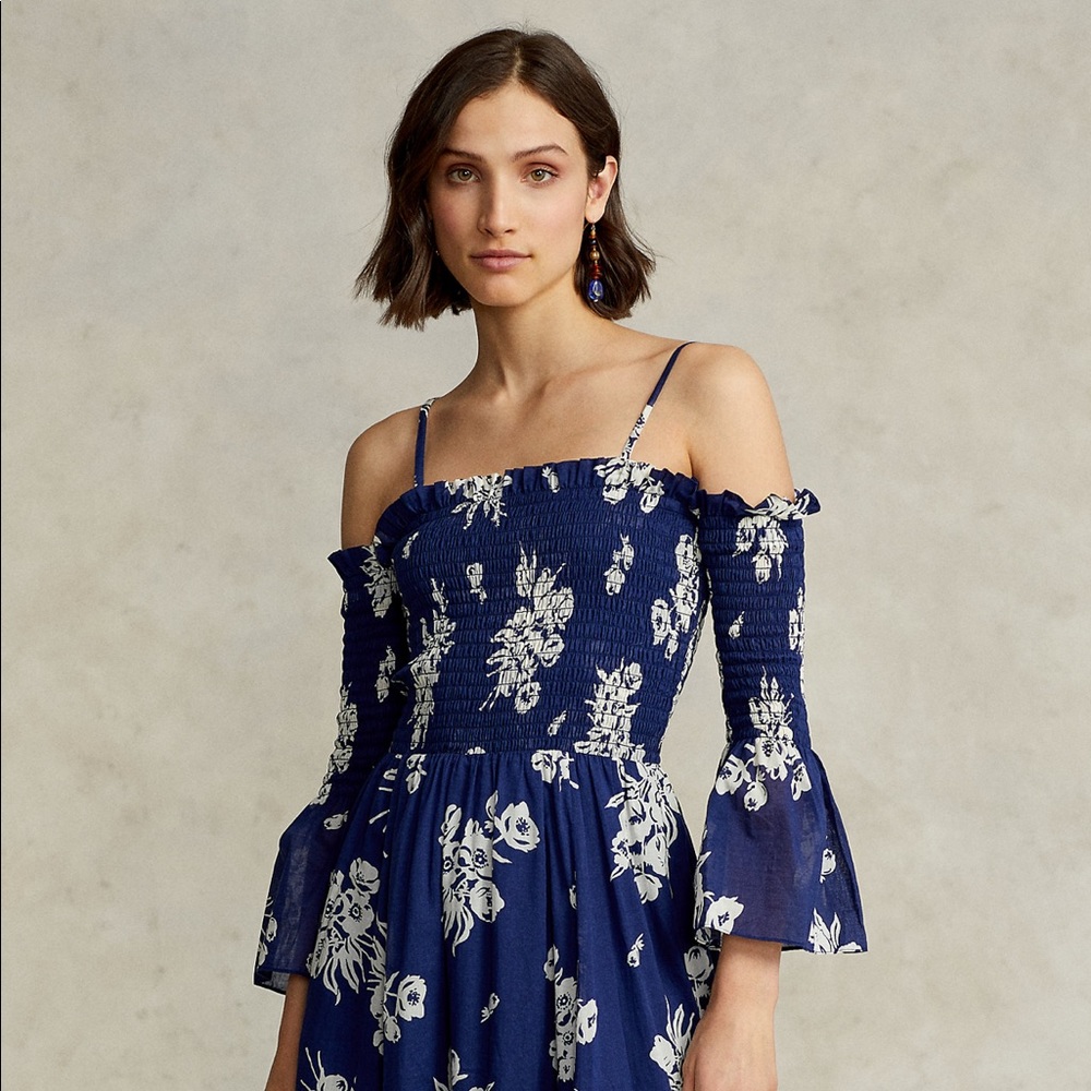 New  Ralph Lauren floral cotton smocked midi dress.  Size L.  Retailed for $398